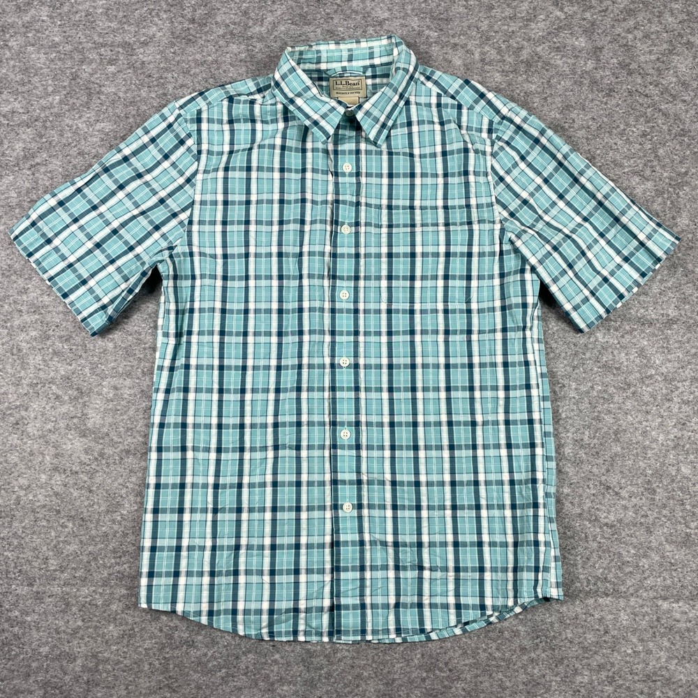 L.L. Bean Button Down Shirt Mens S Teal Plaid Slightly Fitted Short Sleeve